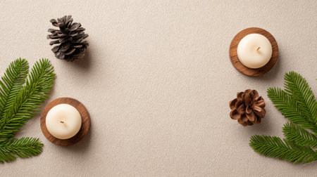 This elegant winter decoration features soft candles, pine cones, and fresh greenery, creating a warm and inviting atmosphere perfect for seasonal celebrations.の素材