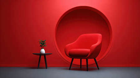 A striking modern chair in vibrant red sits peacefully against a bold red wall with a circular accent, creating a cozy and inviting space for relaxation.の素材