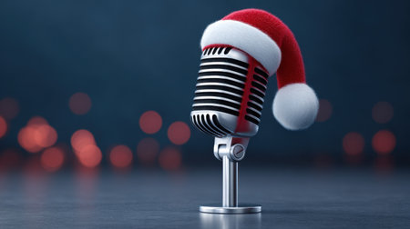 A vintage microphone adorned with a red and white Christmas hat sits on a sleek surface against a soft bokeh background, perfect for holiday music events and festive celebrations.の素材
