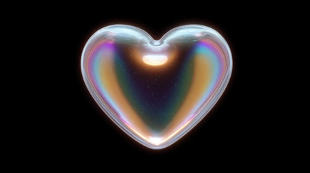 An enchanting heart-shaped bubble displays a mesmerizing iridescent surface that reflects various colors against a dark backdrop, symbolizing love.の素材