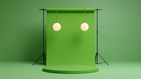 A clean and minimalist studio setup featuring a vibrant green backdrop with two hanging round lights, ideal for creative photography and videography projects.の素材