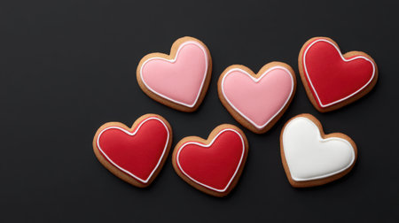 Delightful heart-shaped cookies in various colors and frosting designs sit beautifully on a dark background, perfect for events celebrating love and joy.の素材