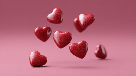 A collection of glimmering red hearts floats gracefully against a soft pink backdrop, perfect for conveying emotions of love and celebration, ideal for any romantic theme.の素材