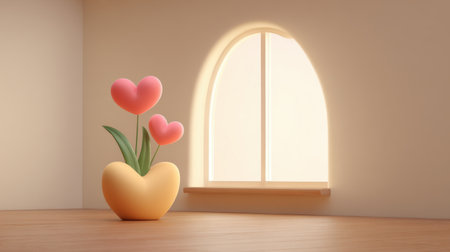 A charming arrangement of heart-shaped flowers in a stylish vase beside a sunlit window creates a warm and inviting atmosphere in a minimalist room.の素材