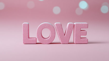 This image features textured pink letters spelling "LOVE," set against a soft pink background with a beautiful bokeh effect, evoking feelings of warmth and romance.の素材