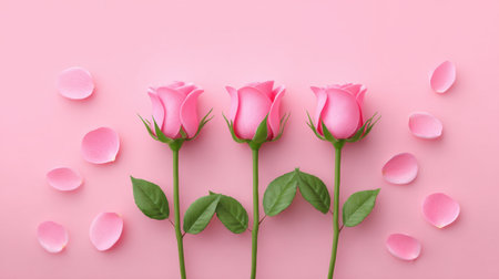 This image features three elegant pink roses on a soft pink background, surrounded by delicate petals and vibrant leaves, perfect for romantic occasions or floral designs.の素材