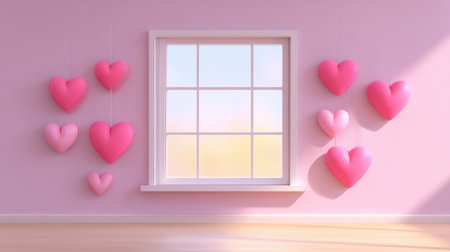 A serene interior scene featuring a soft pink wall adorned with various pink hearts, complemented by a bright window allowing warm sunlight to fill the space.の素材