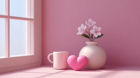 A serene pink-themed decor featuring a soft heart shape and elegant flower arrangement in a vase, evoking cozy and romantic vibes in a bright interior.の素材