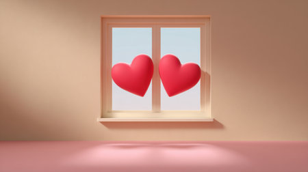 A serene and charming scene showing two large red hearts floating in a window, creating a romantic atmosphere in a minimalist room.の素材