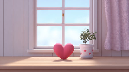 A vibrant pink heart sits in front of a bright window, accompanied by a decorative potted plant. This cozy scene evokes warmth and love in any space.の素材