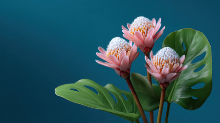 This stunning image showcases vibrant tropical flowers with delicate pink petals and striking green leaves, set against a calming blue background.の素材