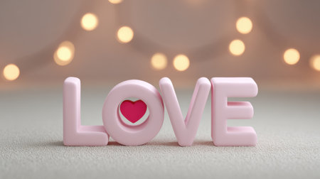 A delightful close-up of pink letters spelling 'LOVE' with a heart in the center, set against a soft backdrop and blurred lights, evoking warmth and affection.の素材