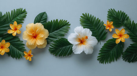 A stunning display of vibrant tropical flowers, featuring hibiscus in yellow and white, surrounded by lush green leaves, perfect for nature-inspired projects.の素材