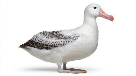 A striking image of a white and brown bird showcasing its detailed plumage and serene stance against a clean white backdrop, ideal for nature themes.の素材
