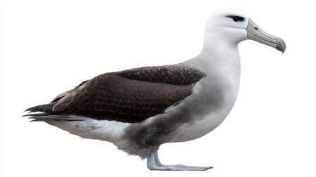 This striking image features a standing albatross showcasing its unique beak, feather patterns, and poised demeanor against a clean white background.の素材