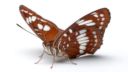 This stunning close-up photo captures an elegant butterfly featuring rich brown and white patterns, showcasing its delicate beauty against a clean white background.の素材