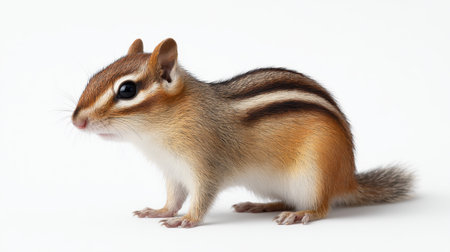 This image features a cute chipmunk in a playful pose against a light background. The animal's vibrant fur and expressive eyes highlight its charming personality.の素材