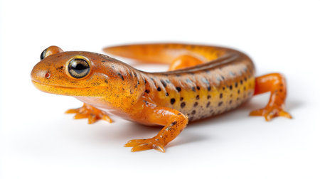 A stunning close-up of a vibrant orange salamander with distinctive black spots, isolated against a clean white background. This image showcases the intricate features and beauty of this unique amphibian, perfect for educational and wildlife-focused projects.の素材
