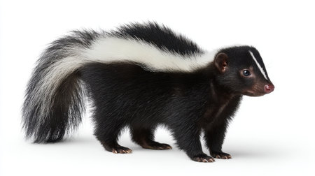 This image features a cute striped skunk standing against a white background, showcasing its striking black and white coloration. The animal's fluffy tail and inquisitive expression highlight its unique charm and playful nature, making it an ideal representation of wildlife photography.の素材