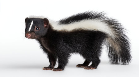 This charming skunk features a striking contrast of black and white fur, showcasing its playful personality against a minimalistic studio backdrop.の素材