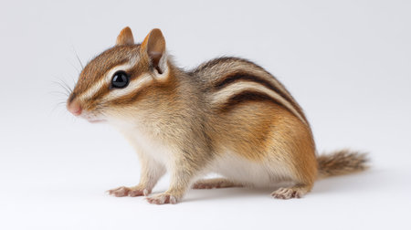 A charming chipmunk poses gracefully on a white background, showcasing its beautiful fur and distinctive stripes. This image captures the essence of wildlife.の素材