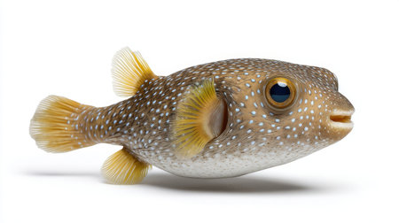 A charming puffer fish with vibrant colors and unique patterns glides through a serene ocean environment, showcasing its aquatic beauty and playful nature.の素材