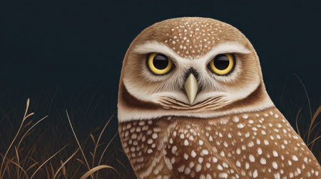 This stunning image captures the detailed portrait of a burrowing owl, showcasing its vibrant colors and distinctive features against a dark background.の素材