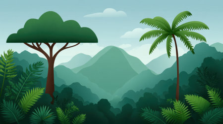 This illustration showcases a vibrant forest landscape featuring tropical trees and rolling mountains under a serene blue sky, creating a peaceful atmosphere.の素材