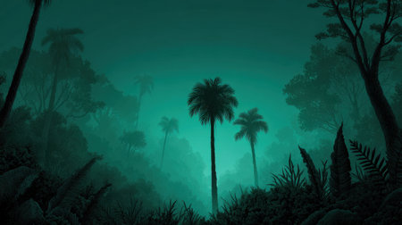 Explore a captivating jungle landscape featuring tall palms and ethereal fog, creating a serene atmosphere perfect for adventure and tranquility.の素材