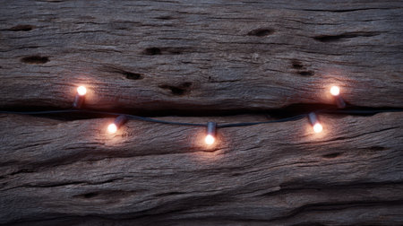 A captivating arrangement of warm string lights glowing softly against a textured wooden surface, creating a delightful and cozy atmosphere perfect for gatherings.の素材