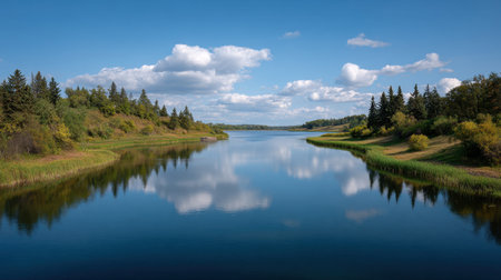 This stunning river landscape captures the serene beauty of nature, featuring clear water reflections and lush greenery under a bright blue sky dotted with clouds.の素材