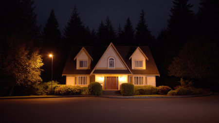 A beautifully lit house at night, showcasing its charming architecture amidst lush trees in a tranquil suburban setting, perfect for cozy evenings.の素材