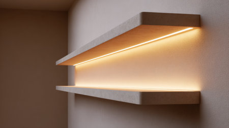Sleek and modern wall shelves featuring soft ambient lighting, creating a stylish and inviting atmosphere within a contemporary interior space.の素材