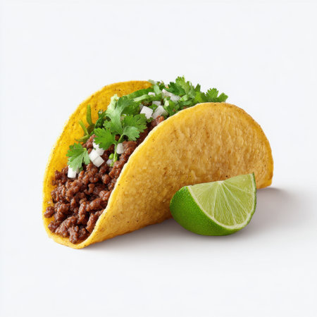 A fresh beef taco garnished with cilantro and onion, accompanied by a slice of lime, showcasing vibrant colors and appealing textures. Perfect for culinary inspiration.の素材