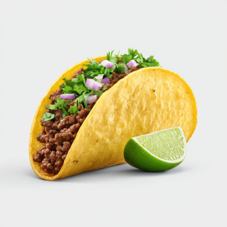 This image showcases a delicious Mexican taco filled with seasoned beef, topped with fresh cilantro and red onion, served with a lime slice for added zest.の素材
