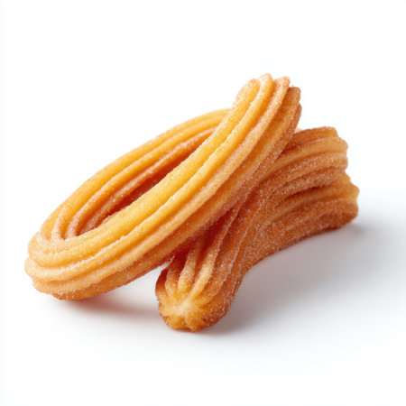 Enjoy a close-up view of delicious churros sprinkled with sugar, showcasing their crispy texture and golden color, perfect for any dessert lover.の素材