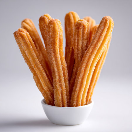 A stunning arrangement of freshly made churros, coated in sugar and served in a white bowl, perfect for showcasing desserts or snacks in photography.の素材