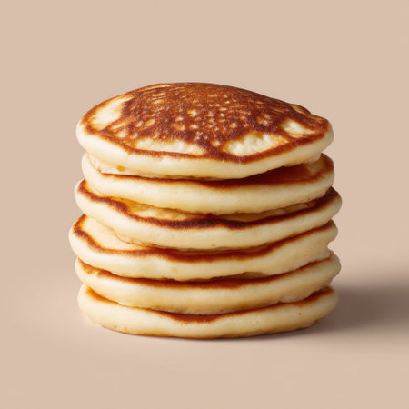 A beautiful stack of fluffy pancakes presented against a soft beige background, ideal for promoting breakfast or brunch ideas in food-related content.の素材