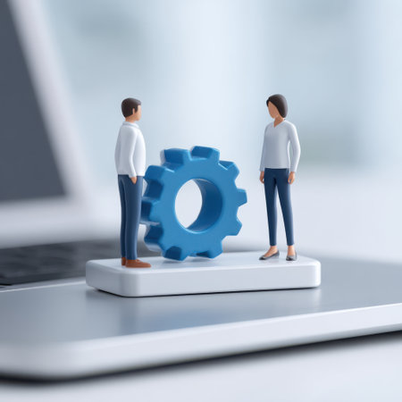 Two business professionals engage in a thoughtful discussion about strategies represented by a gear, symbolizing innovation and collaboration in modern workplaces.の素材