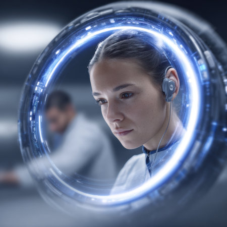 A young female scientist meticulously engages with advanced technology in a cutting-edge laboratory, illustrating dedication to scientific research and innovation.の素材