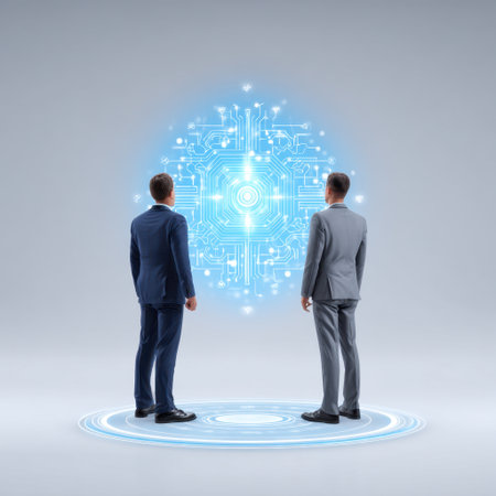 Two business professionals stand in a sleek office, analyzing a digital circuit board design that represents advanced technology concepts. The scene conveys innovation and teamwork.の素材