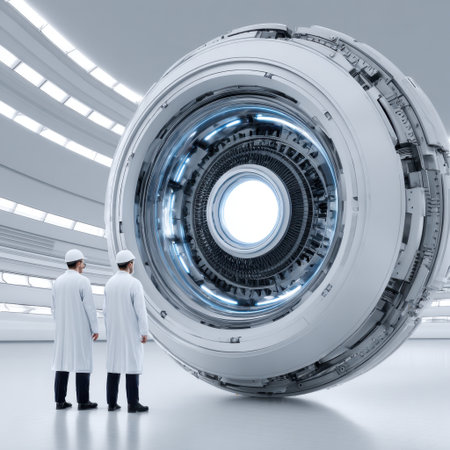 Two scientists stand in a sleek laboratory, observing a cutting-edge technology device. The scene embodies innovation and teamwork in a futuristic setting.の素材