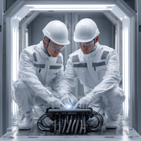 Two scientists working closely in a high-tech laboratory environment are examining a futuristic technology project while wearing protective gear and focused expressions.の素材