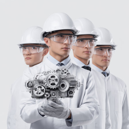 A group of engineers stands in a modern lab, showcasing innovative technology with gears and mechanisms. This image symbolizes teamwork and progress in engineering.の素材