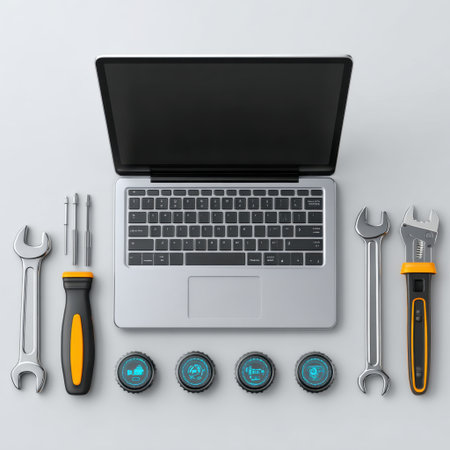 A modern laptop surrounded by essential tools, including wrenches and screwdrivers, ideal for DIY enthusiasts and repair professionals. Perfect for tech themes.の素材