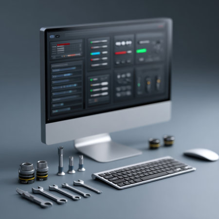 A modern computer workstation featuring a sleek monitor, keyboard, and an assortment of tools, ideal for technical and creative projects.の素材