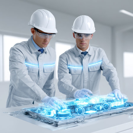 Two professional engineers collaborate on advanced technology using digital tools in a modern workspace, highlighting innovation and teamwork.の素材