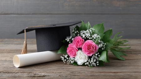 A beautiful graduation cap rests next to a rolled diploma and a vibrant floral bouquet. Pink and white roses create a joyful atmosphere ideal for celebrations.の素材