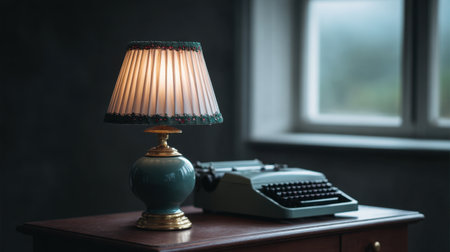 A charming workspace featuring a vintage desk lamp and a classic typewriter, evoking a warm and nostalgic atmosphere in a serene room setting.の素材