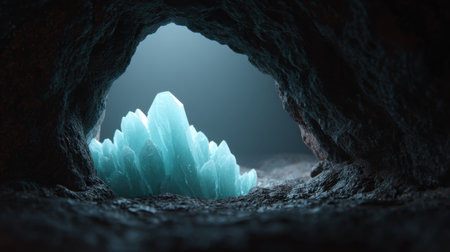 This captivating image showcases a brilliant blue crystal formation emerging from a dark cave, illuminated by dramatic lighting, creating a mystical atmosphere that evokes exploration and tranquility.の素材